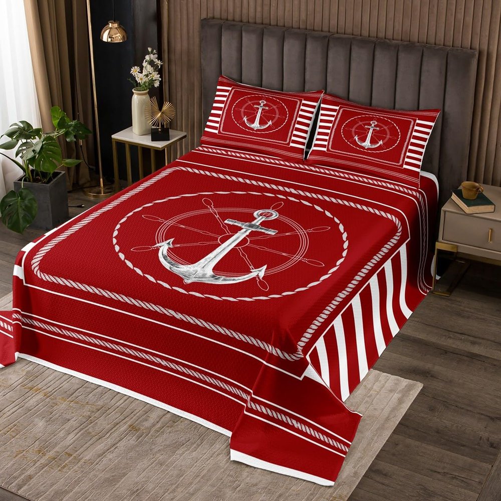 jejeloiu Anchor Decor Bedspread Twin Size Nautical Themed Coverlet Set for Boys Girls Teens Ocean Quilted Coverlet Sea Adventure Quilted Red
