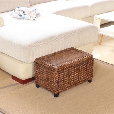 HDIJDY Woven Seagrass Storage Bench,Rustic Rattan Storage,Handmade Wicker Foot Stool with Storage,End of Bed Bench for Livingroom-Coffee Small 50x30x30cm(20x12x12i