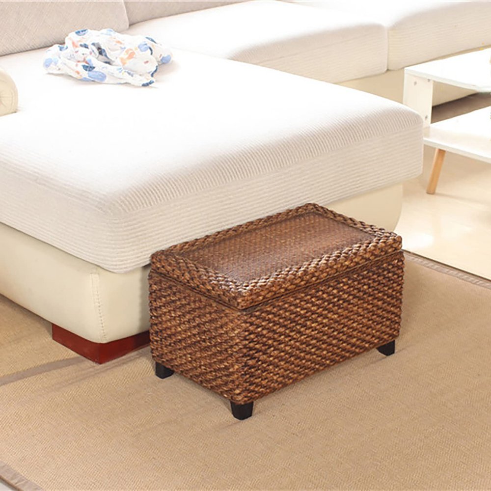 HDIJDY Woven Seagrass Storage Bench,Rustic Rattan Storage,Handmade Wicker Foot Stool with Storage,End of Bed Bench for Livingroom-Coffee Small 50x30x30cm(20x12x12i