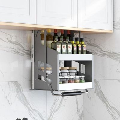MHJKHG 2 Tier Pull Down Kitchen Shelf,Home Wall Cabinet Storage Lifting Basket,30kg Weight-Bearing Stainless Steel Storage Rack for Seasoning,46x30x52cm