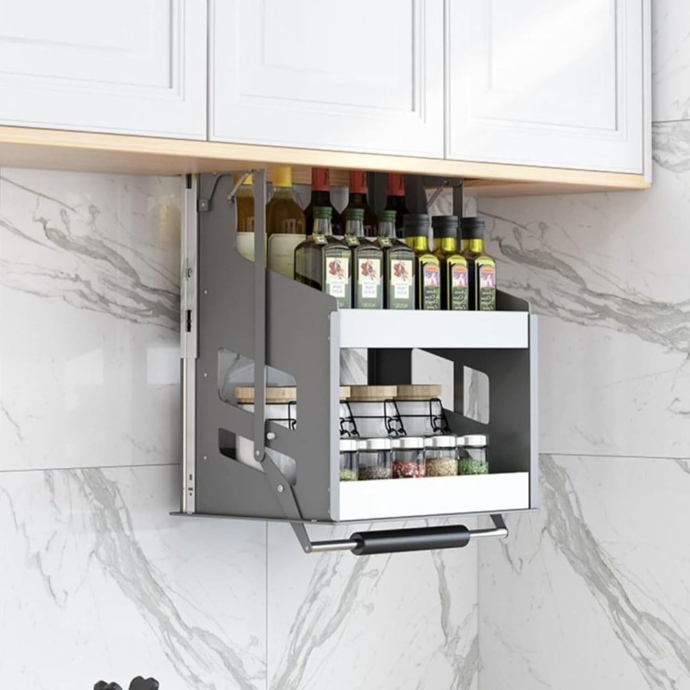MHJKHG 2 Tier Pull Down Kitchen Shelf,Home Wall Cabinet Storage Lifting Basket,30kg Weight-Bearing Stainless Steel Storage Rack for Seasoning,46x30x52cm
