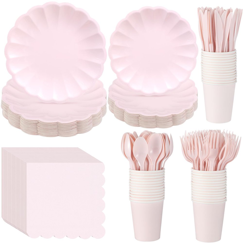 350 Pcs Pink Paper Plates and Napkins Set, Party Tableware for 50 Guests