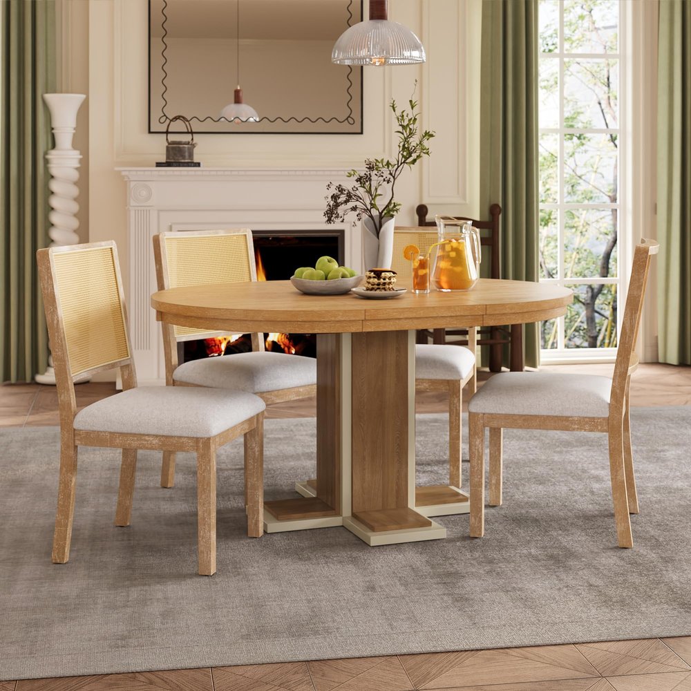 5 Pieces Dining Table & Chairs Set, 58" to 42" Expandable Kitchen Table with 4 Chairs, Retro Solid Wood Extendable Table Set with 16-inch Removable Middle Leaf for Dining Room Kitchen Living Room, Oak