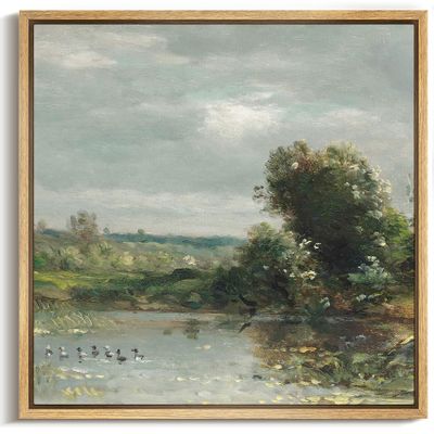 MUDECOR Framed Canvas Print Wall Art Tranquil Pond with Ducks and Lush Greenery Serene Landscape Illustrations Realism Decorative Panoramic Earth for Living Room, Bedroom, Office - 24"x24" Natural