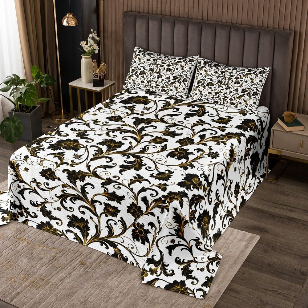 3 Piece Brown Black Flowers Quilt Bedding Set Women Aldult Lightweight Bedding Floral Silhouette Bedspread Set Modern Flower Bedspread Coverlet Soft Microfiber Home Quilt Set for King Bed All Season