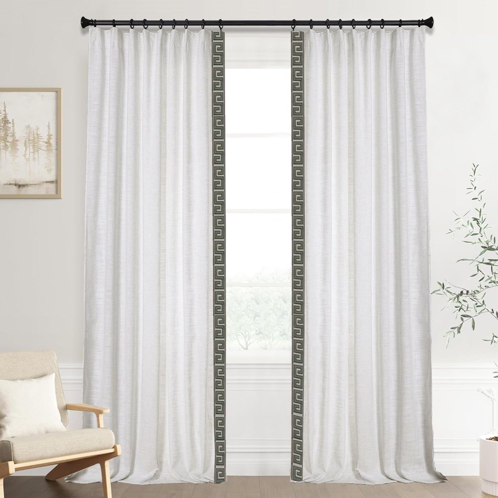 DotheDrape Blackout Linen Curtains, Green S Tape Trim Drapes for Bedroom, Living Room, 60 Width 102 Inch Long, Beige White, 1 Set