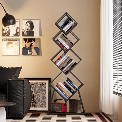 72" Tall Black Modern Geometric Bookshelf, 5-Tier Unique Square Bookcase, Corner Storage Shelves for CDs/Books/Home Decor, Floor Standing Display Shelf for Bedroom, Living Room, Study(Black)