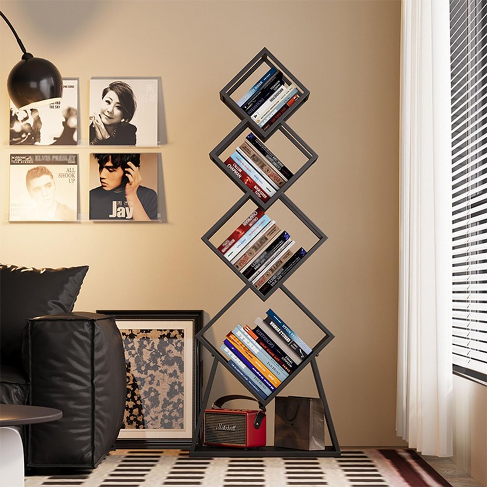 72" Tall Black Modern Geometric Bookshelf, 5-Tier Unique Square Bookcase, Corner Storage Shelves for CDs/Books/Home Decor, Floor Standing Display Shelf for Bedroom, Living Room, Study(Black)