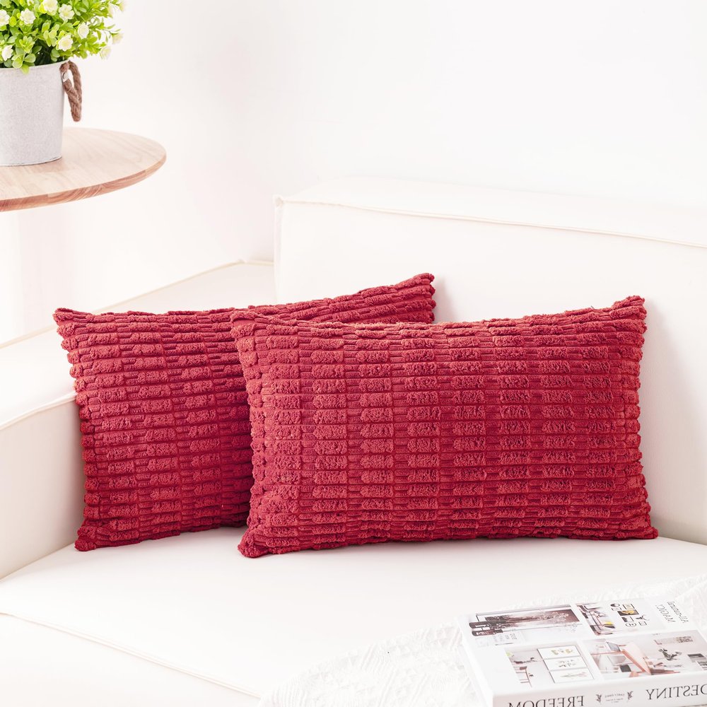 Aegero Pack of 2 Corduroy Decorative Throw Pillow Covers 12x20 InchSoft Boho Striped Pillow Covers Modern Farmhouse Home Decor for Sofa Living Room Couch BedCranberry Red