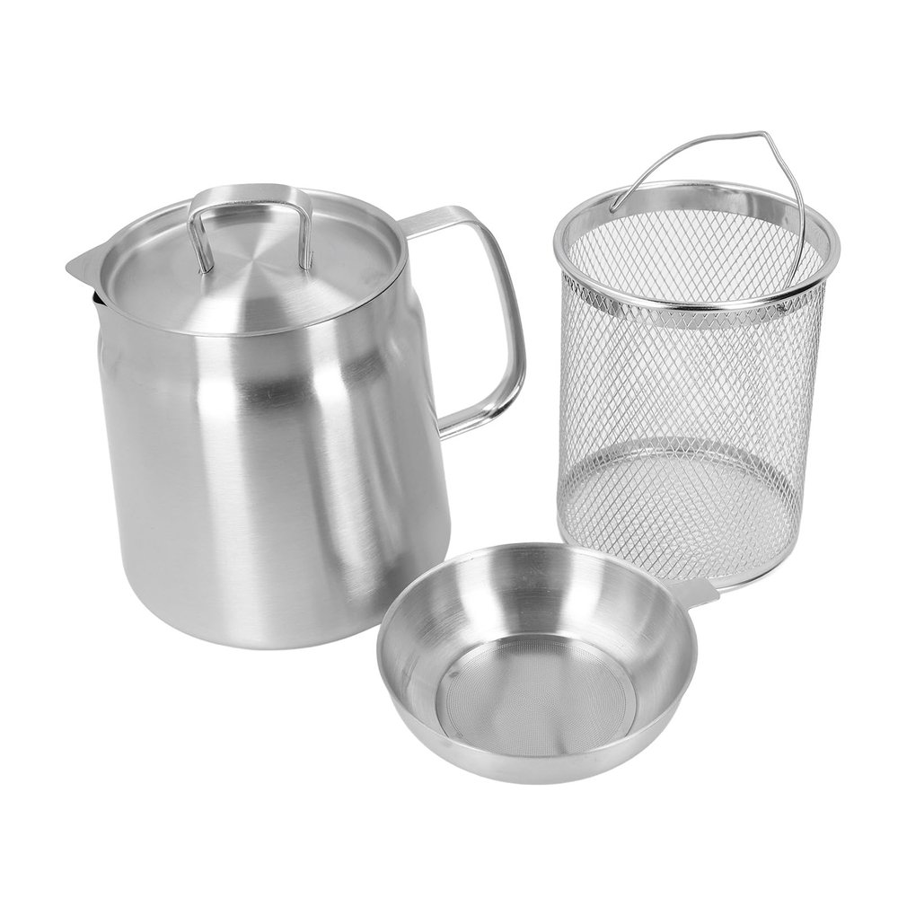 Stainless Steel Oil Filter Pot, Oil Strainer Pot Large Capacity Bacon Grease Saver with Strainer, Kitchen Cooking Oil Container Mini Deep Fryer with Basket (1.5l)