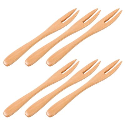 6 Pieces Wooden Two Prong Fruit Forks Reusable Wooden Picks Cocktail Fork Appetizer Forks Tasting Fork for Fruit Snacks Salad