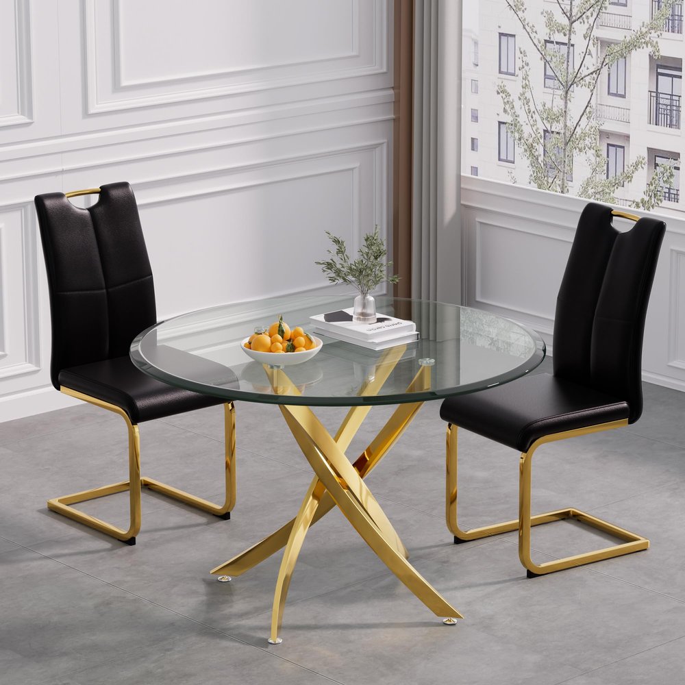 36 in Round Dining Table Set for 2, Glass Kitchen Table and 2 Leather Dining Chairs,Modern Small Gold Dining Room Table Set Dinner Table Set with Cross Stainless Steel Legs for Small Spaces,Black