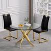 36 in Round Dining Table Set for 2, Glass Kitchen Table and 2 Leather Dining Chairs,Modern Small Gold Dining Room Table Set Dinner Table Set with Cross Stainless Steel Legs for Small Spaces,Black view 1