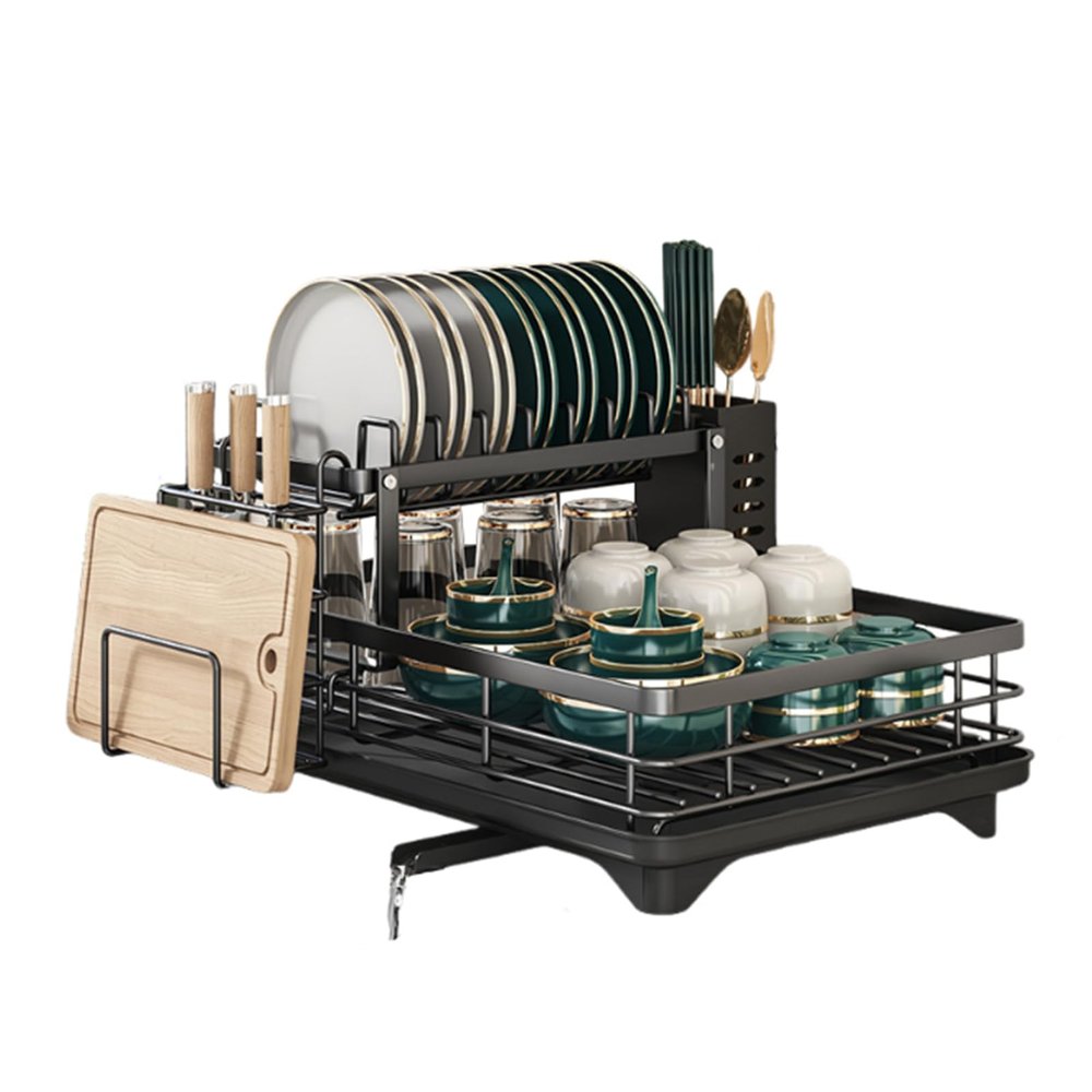 HEVOY Dish Drying Rack with 360 Rotating Drainage, Rustproof Dish Drainers for Counter, Kitchen Organizer for Holds Plates, Bowls, Utensils, Space-Saving & Detachable for Easy Cleaning (Black,C)