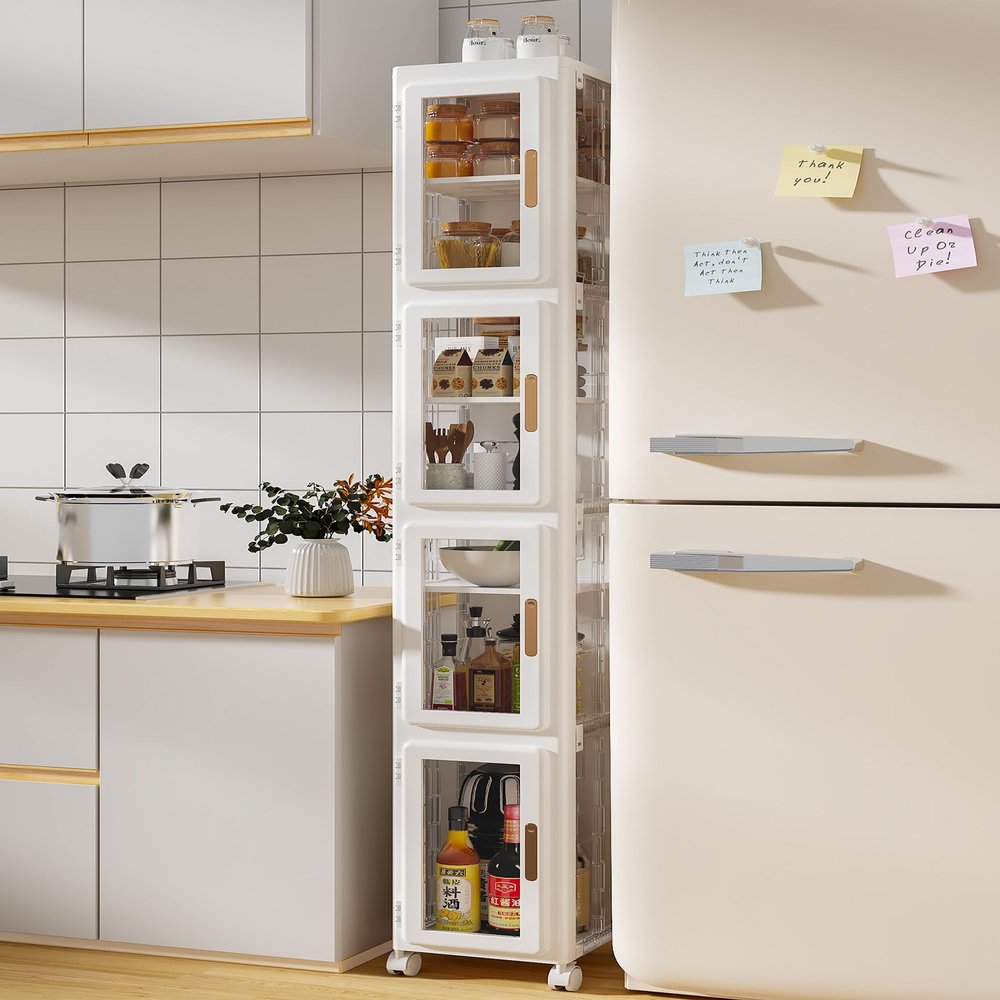 LXSJCYGJ 4-Tier Tall Narrow Storage Cabinet,Narrow Bathroom Storage Cabinet with Transparent Doors and Movable Wheels,Suitable for Small Spaces, Bathrooms, Kitchens, White (9.8x11.8x66.5)