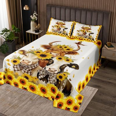 jejeloiu Cow Coverlet Set King Size Milk Cow Bedspread for Kids Boys Girls Decor Sunflower Coverlet Farmhouse Yellow