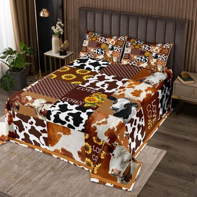 jejeloiu Cow Coverlet Set Queen Size Boys Girls Milk Cow Bedspread for Kids Western Animal Coverlet Farmhouse Cow FurNot Real Plaid Grid Room Decor