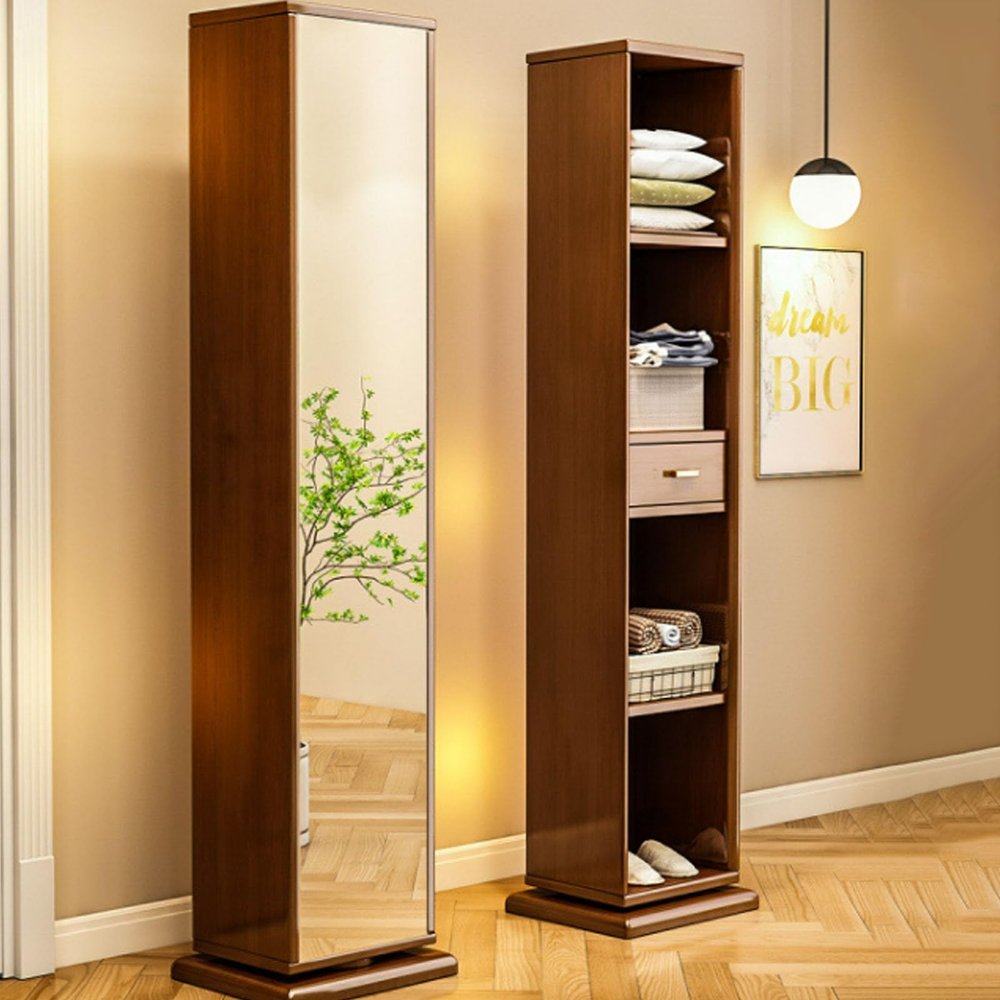 360 Rotating Swivel Storage Tower Cabinet with Mirror, Perfect for Organizing Linens and Bath Essentials in Small Bedrooms and Bathrooms(Walnut,41 * 33 * 176cm)