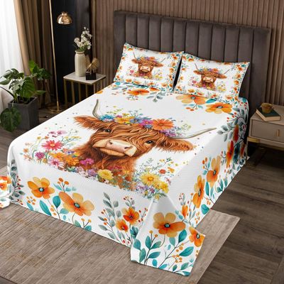 jejeloiu Kids Highland Cow Bedspread King Size Floral Highland Cattle Coverlet Set for Boys Teens Decor Western Animal Coverlet Flowers Brown Quilted