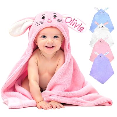Baosity Custom Hooded Baby Towel with Name, Personalized Soft Absorbent Bunny Toddler Towel, Baby Bath Towel for Girls Boys, Brithday Easter Gifts for Baby Toddler Newborn Easter Basket Stuffers