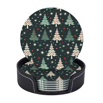 Christmas Tree Pattern Coasters Set of 6 with Holder, Absorbent Drink Coasters for Table Protection, Round Decorative Coffee Table Cup Mat for Home Decor
