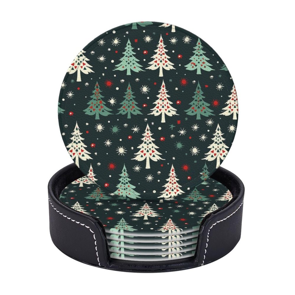 Christmas Tree Pattern Coasters Set of 6 with Holder, Absorbent Drink Coasters for Table Protection, Round Decorative Coffee Table Cup Mat for Home Decor