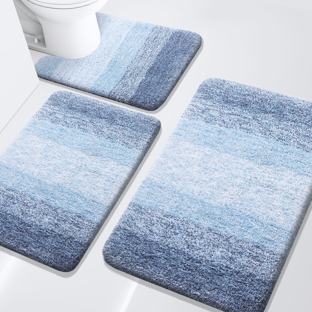 Arotive Bathroom Rugs Set 3 Piece, Extra Soft and Absorbent Bath Rugs, Machine Wash Dry Bath Mats for Bathroom, Toilet, Tub and Shower, 24x16, 36x24 and U-Shaped 24x20, Light Blue