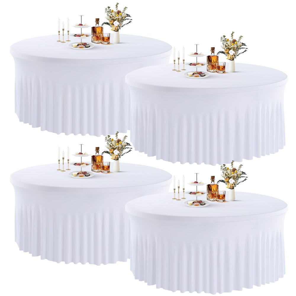 JCJ 4 Pack Round Tablecloth 60 inch, White Spandex Fitted Stretchy Table Cover with Skirt for 5ft Table Wedding Party Banquet Events