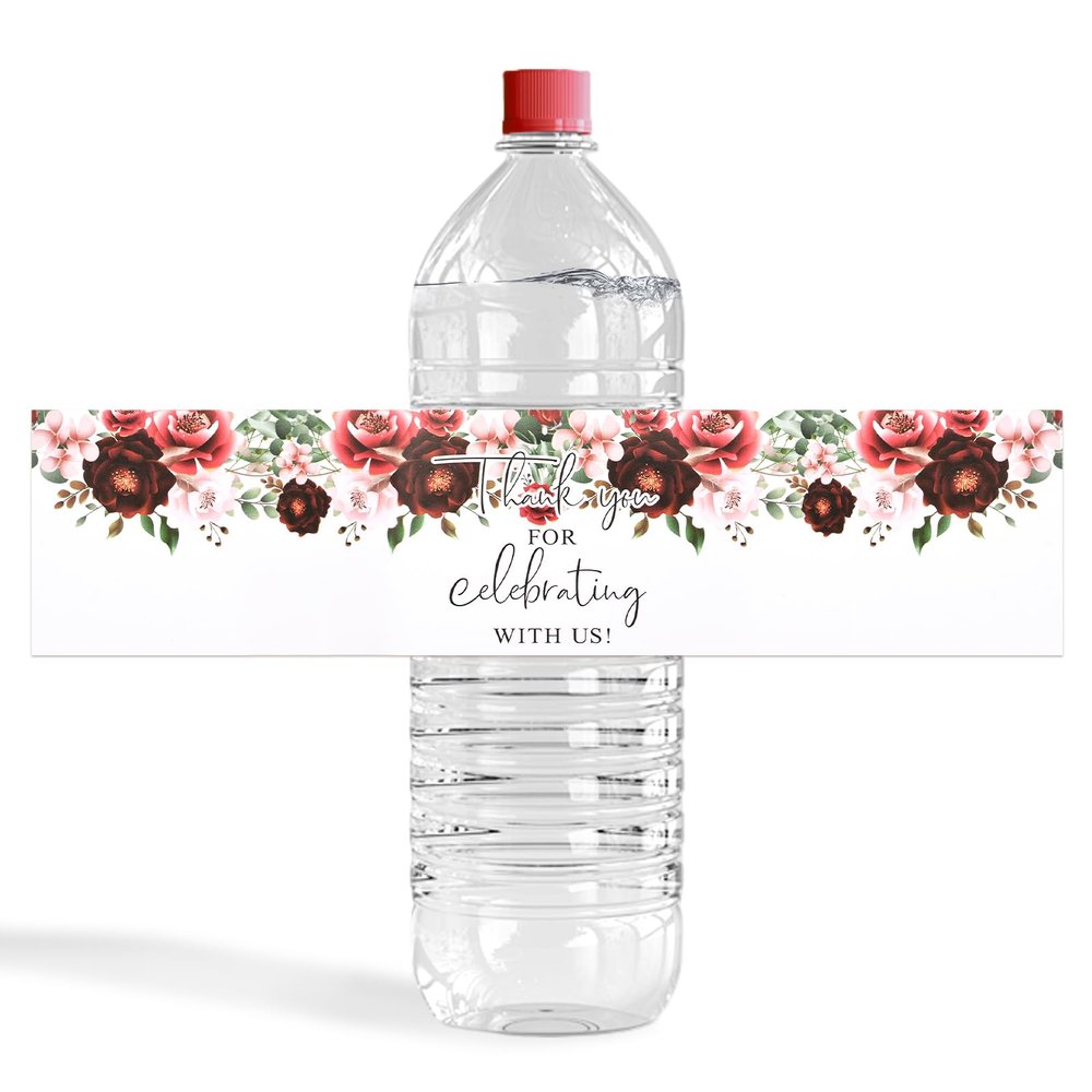 URROMA Water Bottle Label, 200Pcs Red Flower Thank You for Celebrating with us Wedding Wraparound Labels for Bridal and Baby Shower Supplies