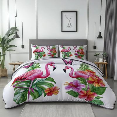 Duvet Cover Queen Size Bedding Set for Kids Boys Girls, Flamingo Simple Style Pattern Bedroom Decor Comforter Cover, Washed 3 Pieces Breathable Microfiber Bedding Set with Zipper, White