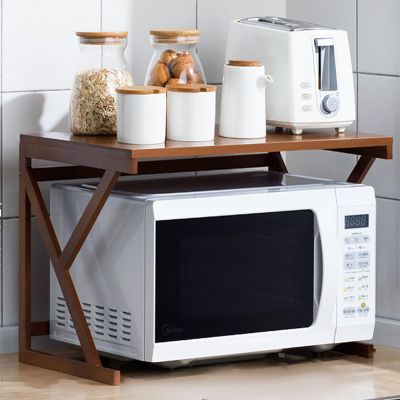 2 Tiers Microwave Oven Shelf Stand Wooden Kitchen Storage Shelf Rack Home Office Storage Stand Rack for Home Office Frame with Wood Tabletop