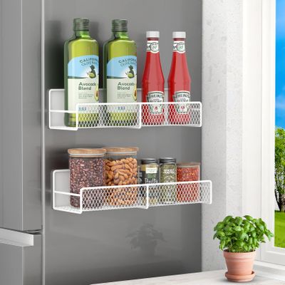 FITIMOR Magnetic Spice Rack for Refrigerator, 2 Pack Magnetic Shelf for Fridge with 4 Hooks, Black Magnetic Shelves, Organization and Storage Kitchen, Magnet Shelf for Fridge, Cabinet Organization