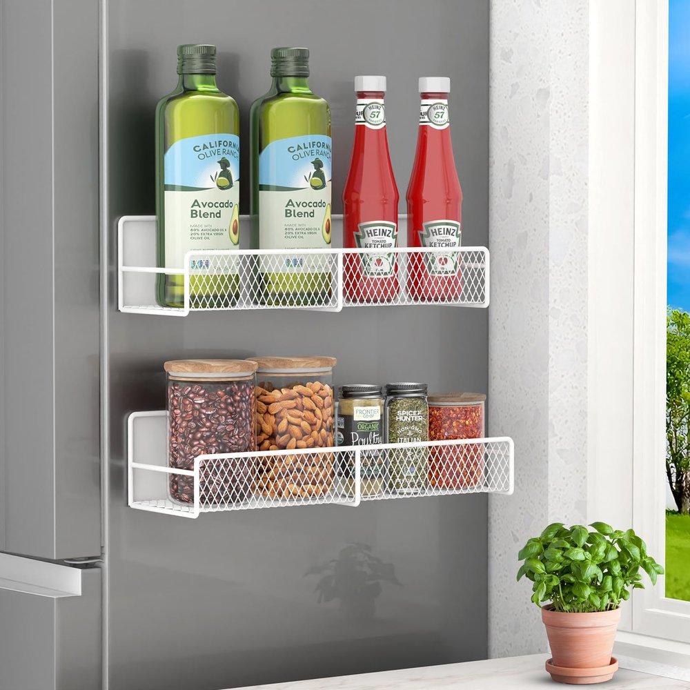 FITIMOR Magnetic Spice Rack for Refrigerator, 2 Pack Magnetic Shelf for Fridge with 4 Hooks, Black Magnetic Shelves, Organization and Storage Kitchen, Magnet Shelf for Fridge, Cabinet Organization