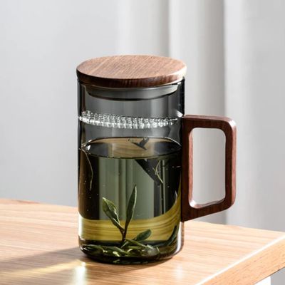 500ML Drinkware Transparent Glass Cup With wooden Lid Wooden Handle Coffee Mug Kitchen Tea Making Cup Coffeeware Teaware