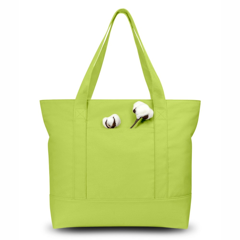 TOPDesign 3-Pack Canvas Tote Bags with an External Pocket, Reusable Grocery Shopping Bags, Top Zipper Closure, Daily Essentials (Light Green)
