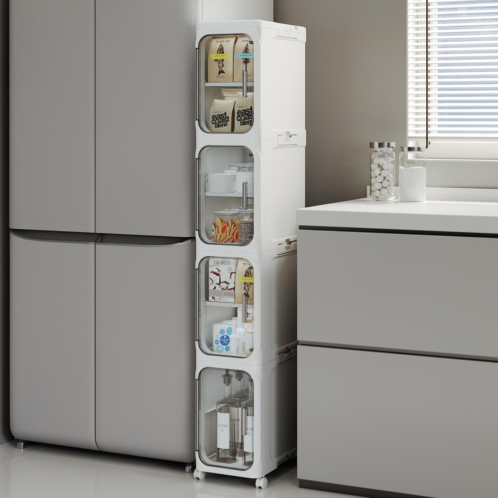 Lifelongpal 4-Tier Tall Narrow Storage Cabinet, Slim Bathroom Storage Cabinet with Adjustable Shelves and Wheels, Narrow Organizer for Small Space, Bathroom, Kitchen, Laundry, White