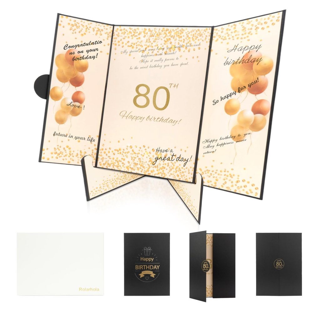 Rolarhola 80th Birthday Guest Book and Party Decorations Set, 12x18 inch Sign-in Signature Card with Matching Envelope + Foldable StandGold Foil Stamped Inner PagesBlack and Gold