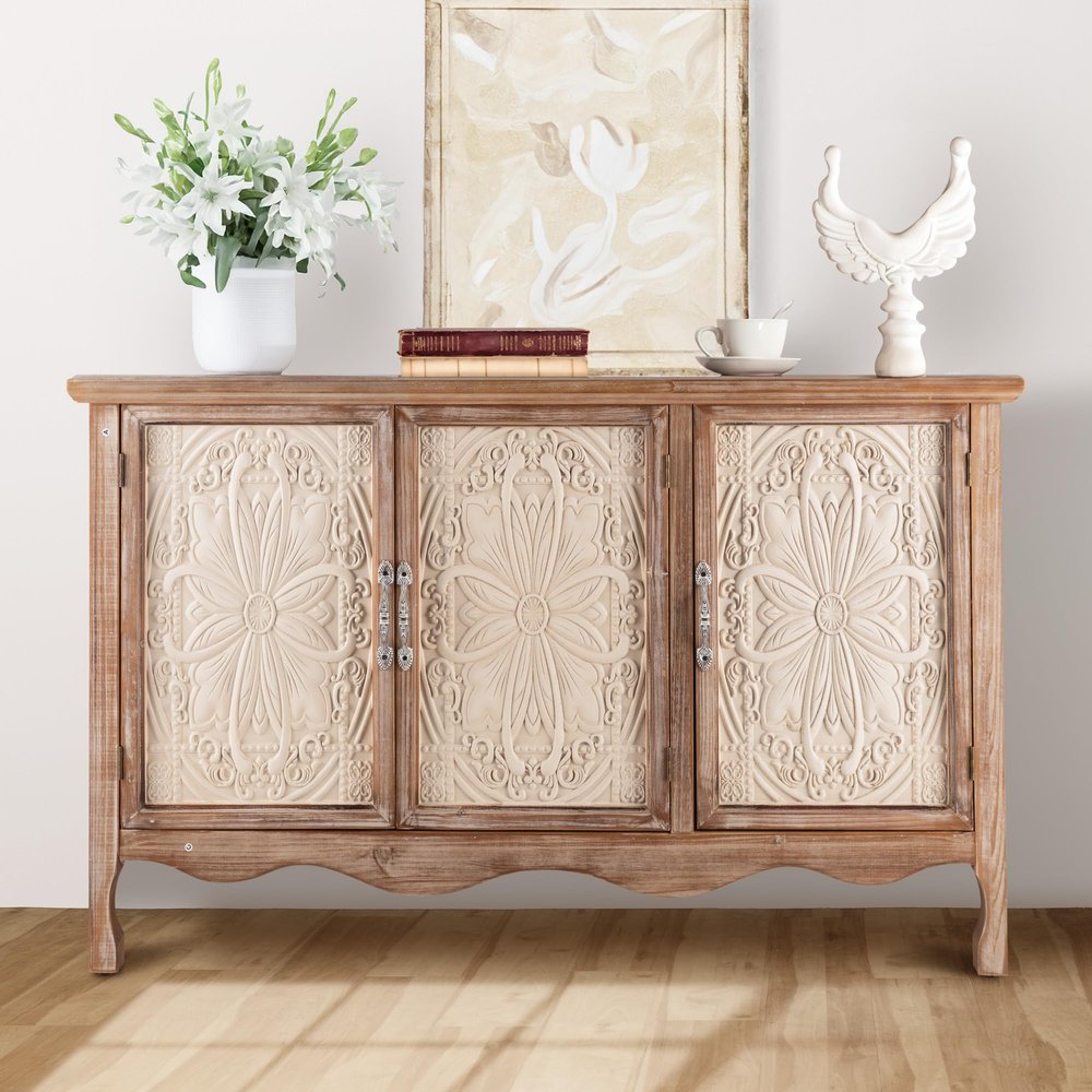 FansaFurn Accent Storage Cabinet with 3 Carved Doors and Shelves, Farmhouse Sideboard Buffet Sideboard with Storage, Wood Kitchen Cabinet for Living Room, Entryway, Dining Room and Kitchen, Natural