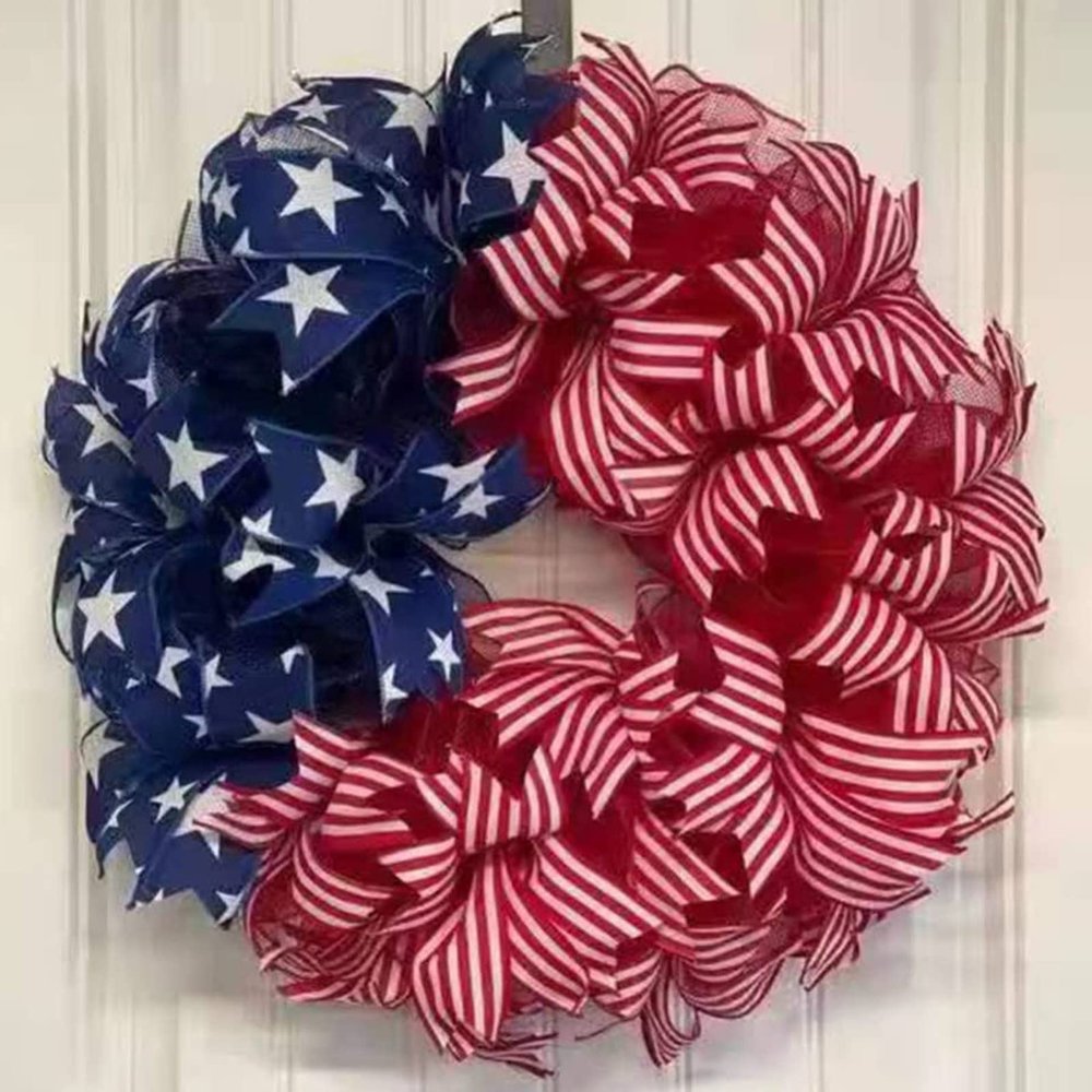 4th of July Wreath for Front Door, Patriotic American Flag Burlap Wreath, Memorial Day Independence Day Summer Holiday Decor, Red White and Blue Farmhouse Hanging Ornament (E)