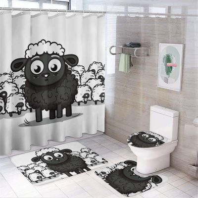 YKLBV Bathroom Sets with Shower Curtain and Rugs Cartoon Black White Sheep 4Pcs Bathroom Shower Curtain Sets with Non-Slip Rugs Bath Mat Toilet Cover U Shaped Matt