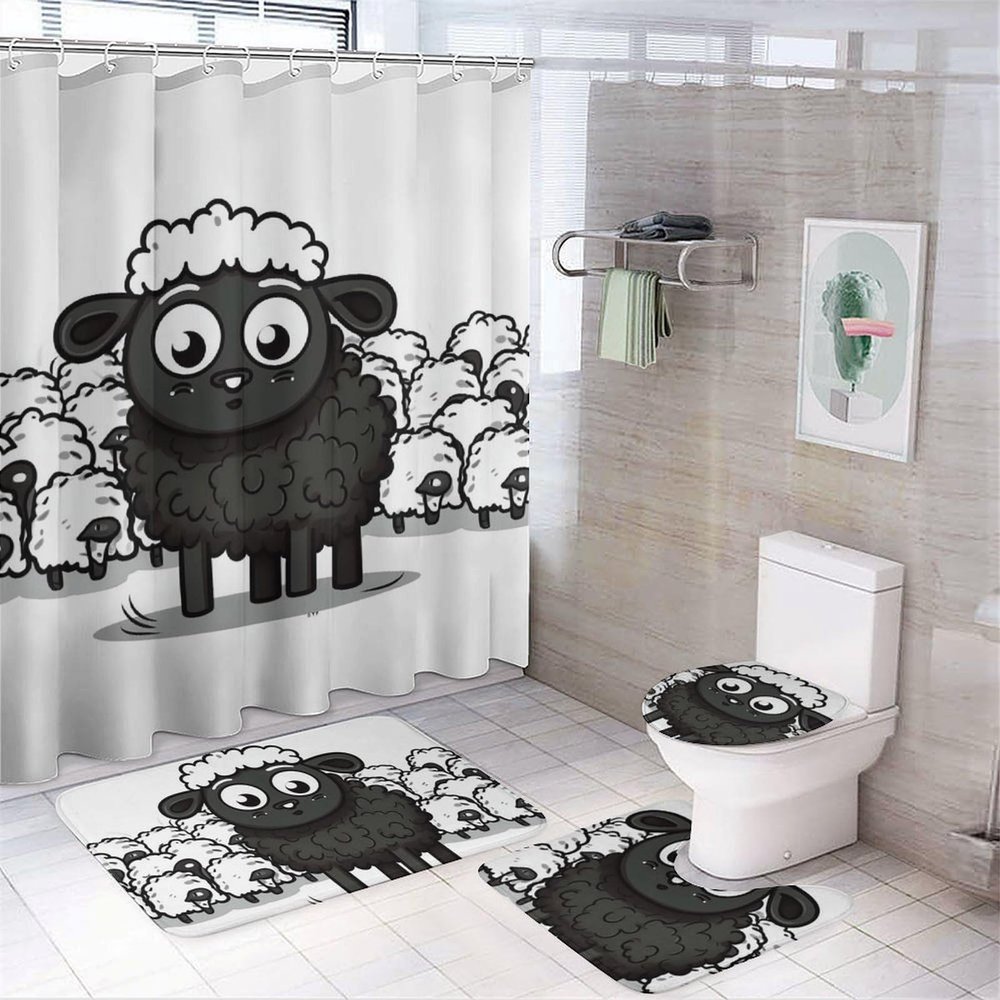 YKLBV Bathroom Sets with Shower Curtain and Rugs Cartoon Black White Sheep 4Pcs Bathroom Shower Curtain Sets with Non-Slip Rugs Bath Mat Toilet Cover U Shaped Matt