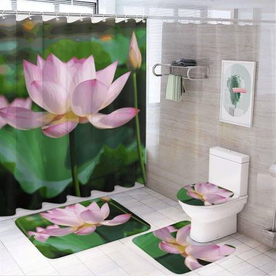 YKLBV Bathroom Sets with Shower Curtain and Rugs Lotus 4Pcs Bathroom Shower Curtain Sets with Non-Slip Rugs Bath Mat Toilet Cover U Shaped Matt
