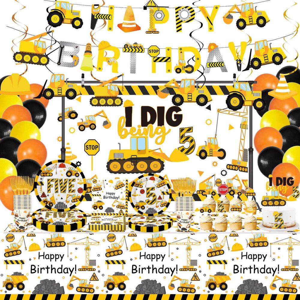 178 Pcs Construction 5th Birthday Party Supplies, Dump Truck Five Years Old Party Decorations Include Excavator Five Backdrop, Hanging Swirls, Tableware Set, Tablecloth, Cake Toppers, Latex Balloons