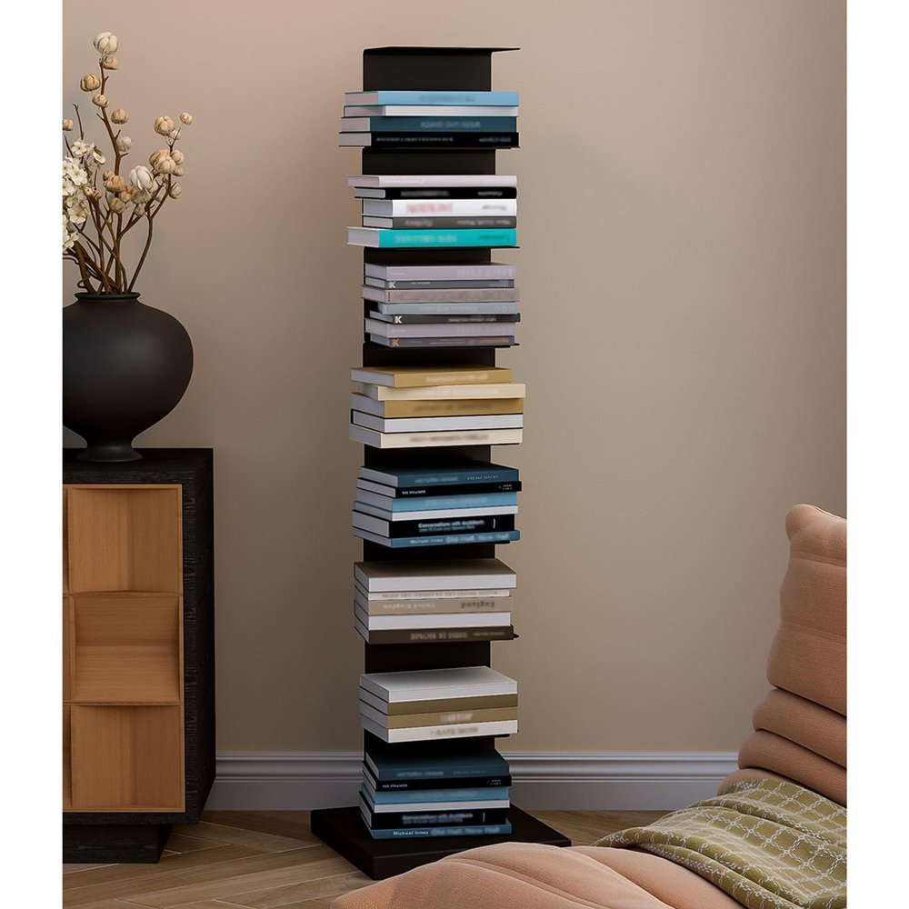 8-Tier Metal Spine Book Tower, Black Vertical Bookshelf Narrow Spine Book Shelf for Small Space, Corner Standing Shelf Bookcase for Living Room, Office, Study, Entryway