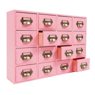 16 Drawers Apothecary Cabinet Library Card Catalog Cabinet Card Catalog Drawer with Metal Handles & Label Slot Wooden Desk Drawer Organizer for Herb Storage, Tea Collection (Pink)