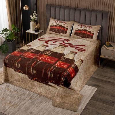 Feelyou Kids Cola Quilted Coverlet King Size, Vintage Bedspread Drinks Coverlet Set Boys Girls Summer Holiday Teens Bedroom Decor 3Pcs
