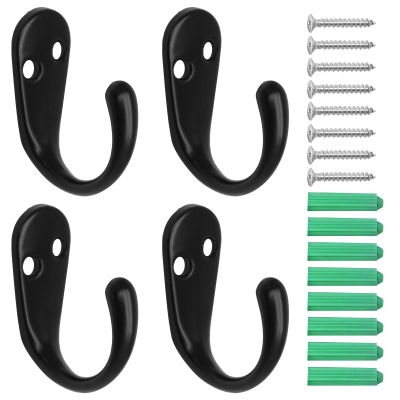 Bonsicoky 4 Pcs Heavy Duty Wall Mounted Coat Hooks - Zinc Alloy Single Prong Hangers for Coats, Handbags, and Towels, Includes Screws - Black