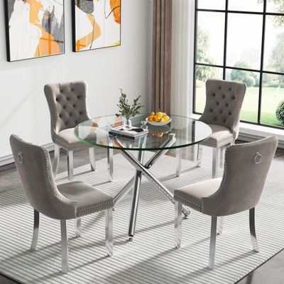 Gnrolaz Glass Dining Table Set for 4,36'' Modern Round Kitchen Table and Chairs,5 Pieces Dining Room Set with Metal Legs and Soft Velvet Chairs for Living Room, Kitchen,Small Space