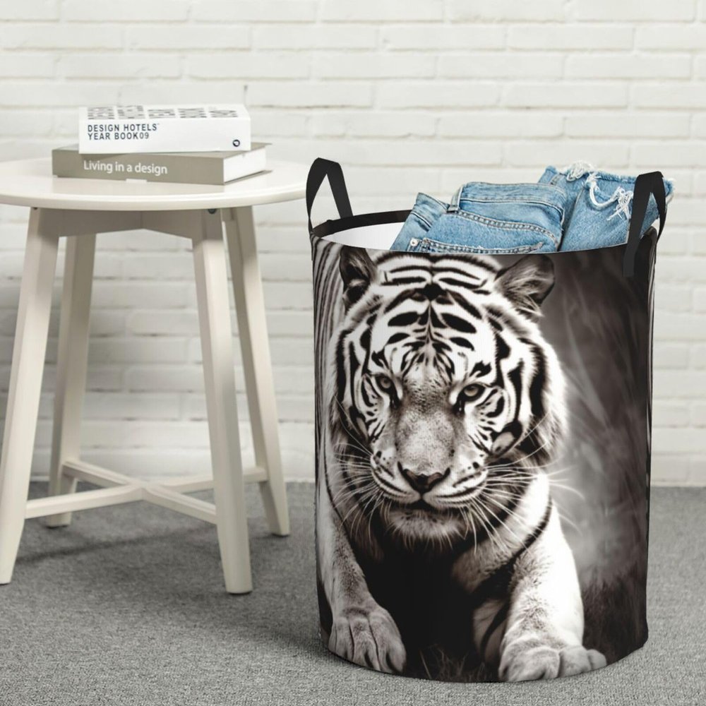 Black and White Tiger Laundry Basket Large Dirty Clothes Hamper with Handle Waterproof Collapsible Storage Organizer Bin Tall Laundry Hamper Toy Organizer for Home Storage Medium