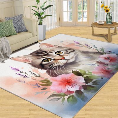 Floral Tabby Cat Area Rug, 3x5 Rug, Watercolor Pink Flower Rug, Washable Non-Slip Area Rugs for Living Room Bedroom, Aesthetic Art Carpet, Floral Animal Home Decor